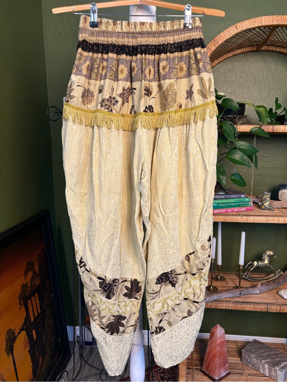 Boho Ren Faire Tassel Trim Green Yellow Floral Patchwork Loose Harem Pants